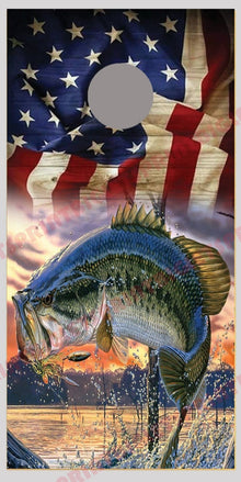 Bass Fish Jumping out of Water with Flag Cornhole Board Decal Wraps