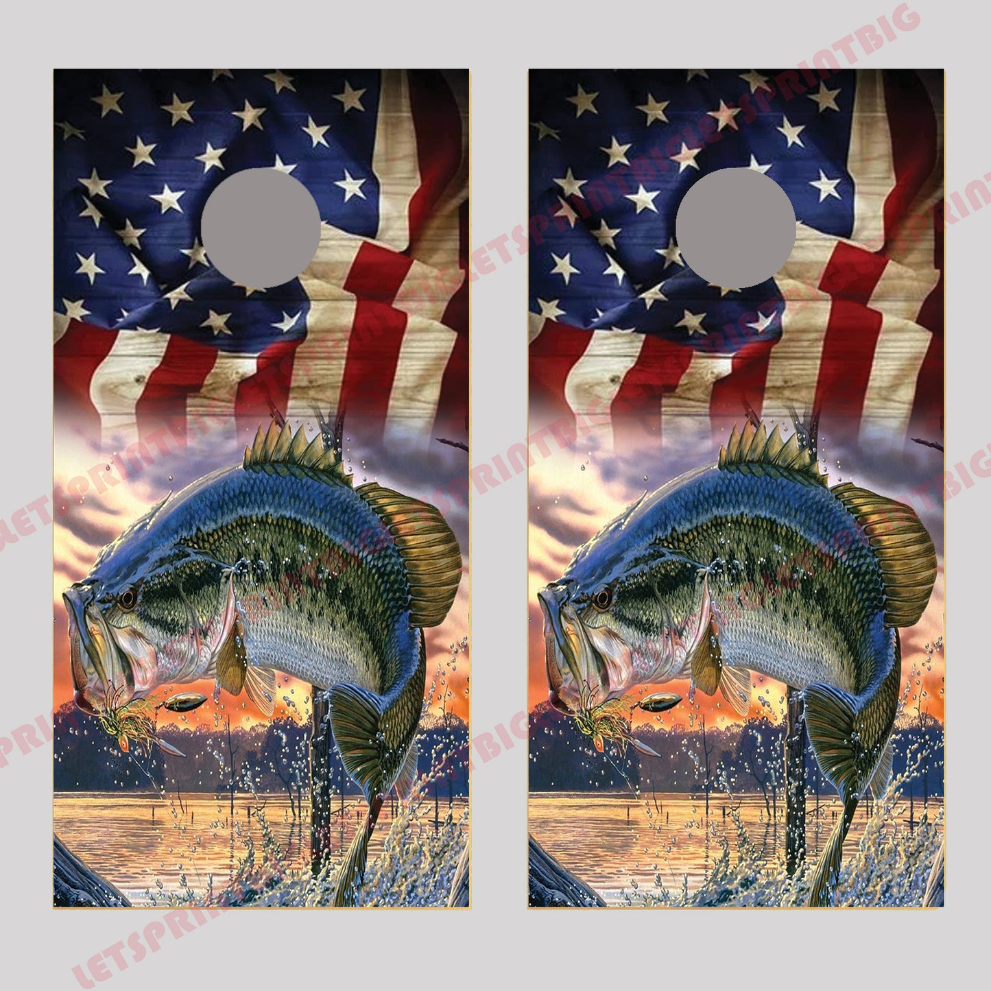 Bass Fish Jumping out of Water with Flag Cornhole Board Decal Wraps