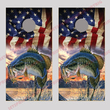 Bass Fish Jumping out of Water with Flag Cornhole Board Decal Wraps