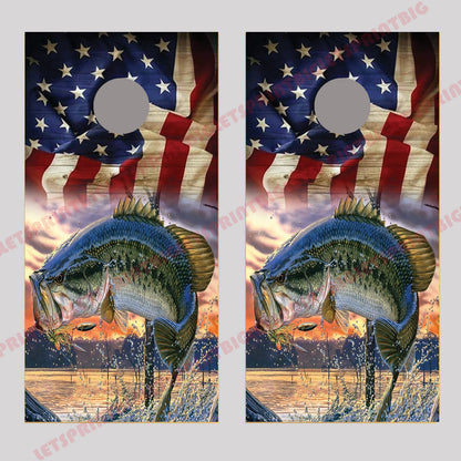 Bass Fish Jumping out of Water with Flag Cornhole Board Decal Wraps