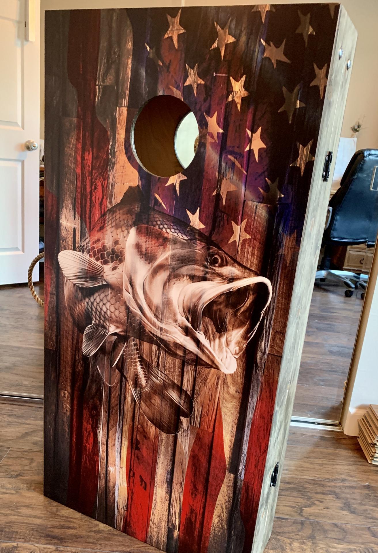 Rustic Wood Bass American Flag Cornhole Decal Fishing Wrap customer photo