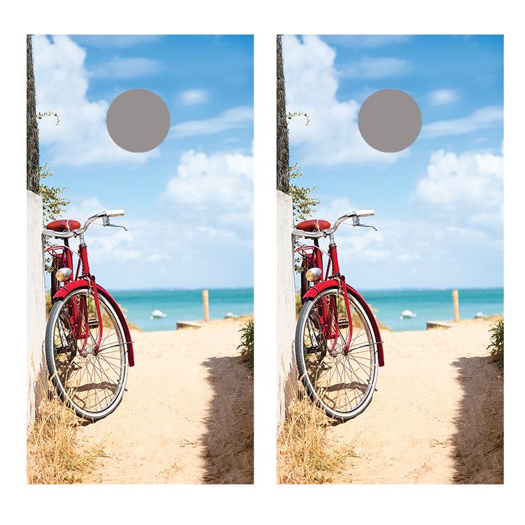 Bike on Beach Trail Cornhole Board Decal Wraps