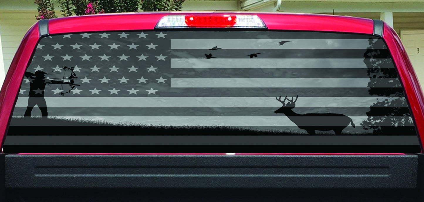 Bow Hunter American Flag Deer Rear Window Decal for Truck