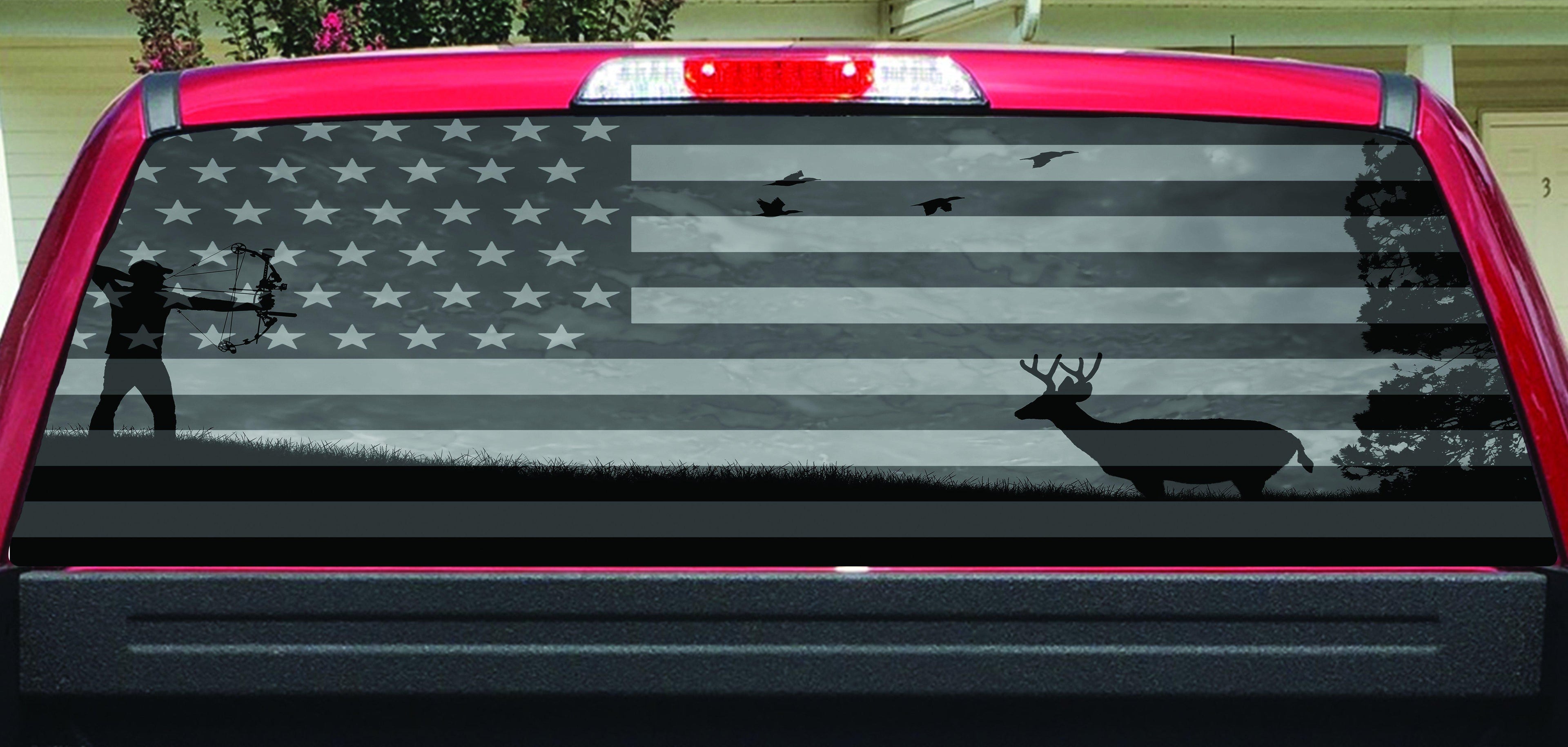 Bow Hunter American Flag Deer Rear Window Decal for Truck