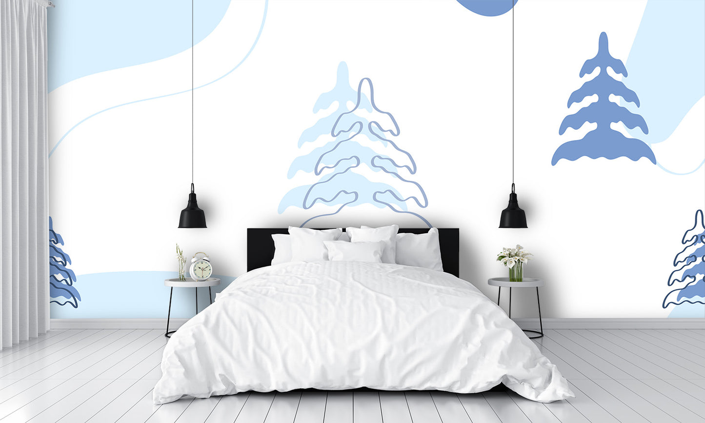 Blue Cartoon Trees Wall Mural