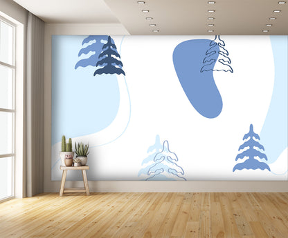 Blue Cartoon Trees Wall Mural