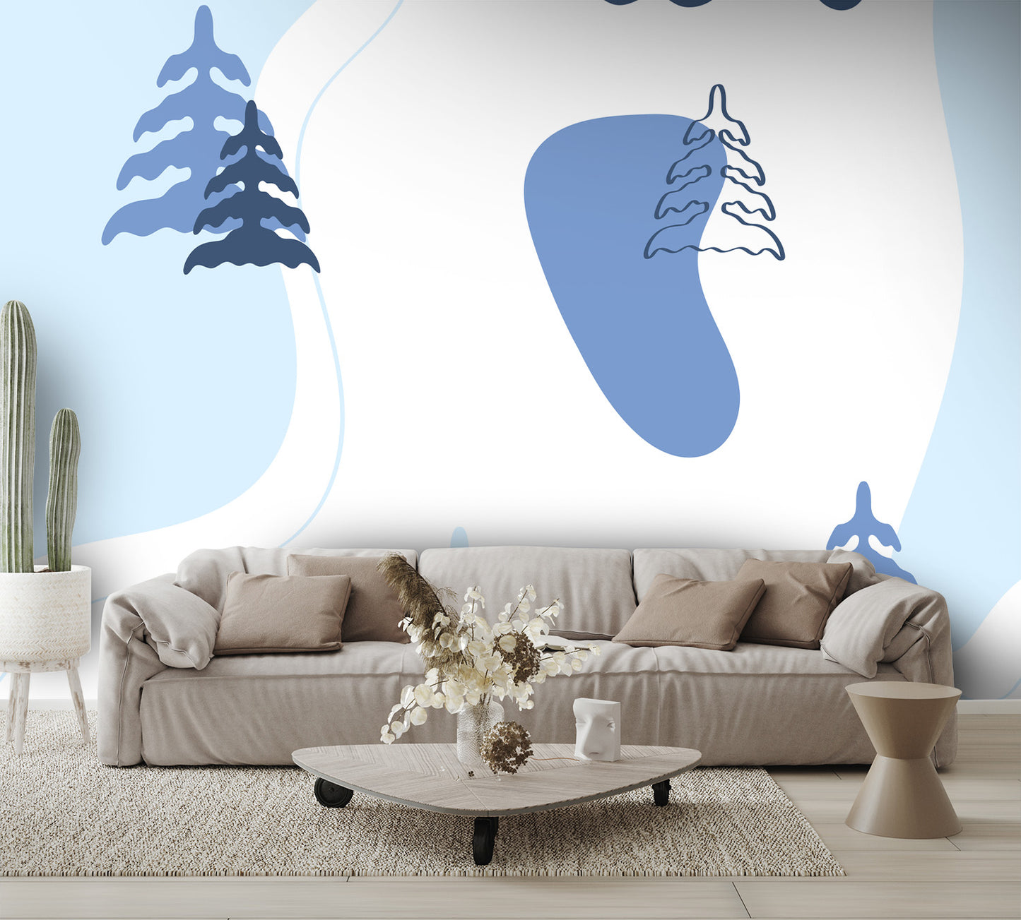 Blue Cartoon Trees Wall Mural