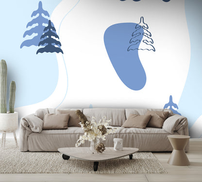 Blue Cartoon Trees Wall Mural