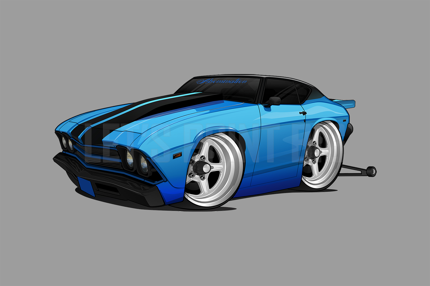 Car Art Blue Black Stripes Chevelle Hot Rod Drag Car with Wheelie Bars Cartoon Wall Decal