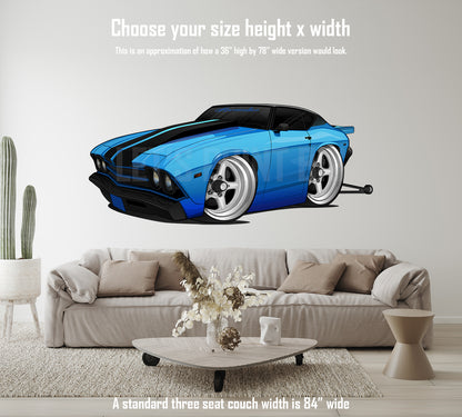 Car Art Blue Black Stripes Chevelle Hot Rod Drag Car with Wheelie Bars Cartoon Wall Decal