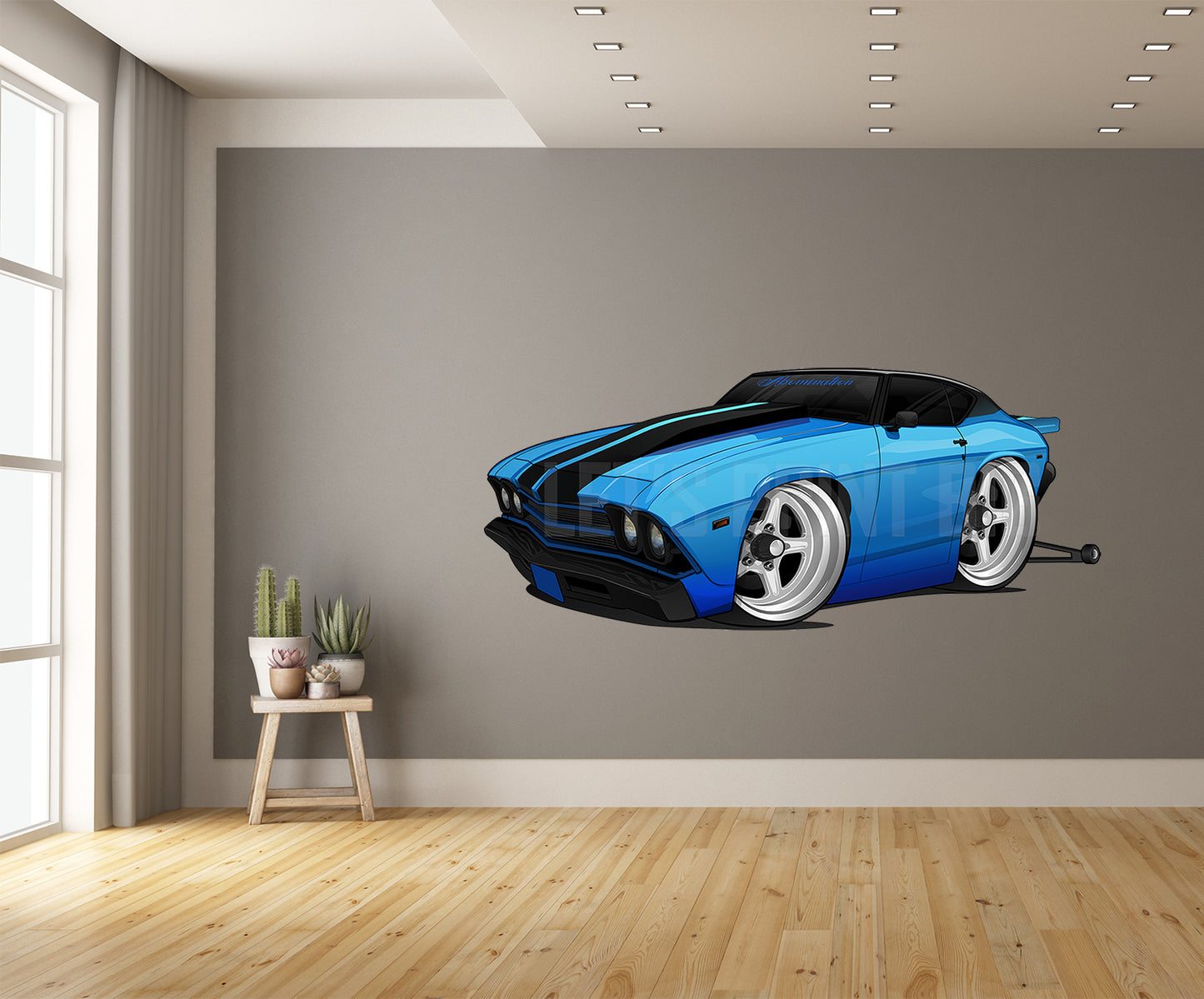 Car Art Blue Black Stripes Chevelle Hot Rod Drag Car with Wheelie Bars Cartoon Wall Decal
