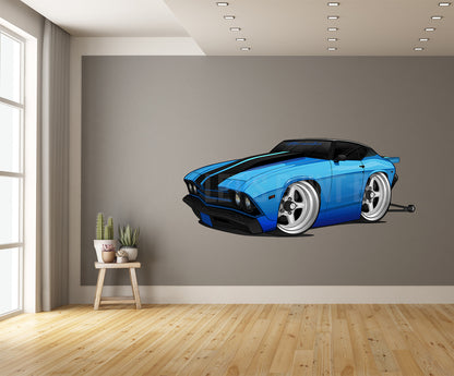 Car Art Blue Black Stripes Chevelle Hot Rod Drag Car with Wheelie Bars Cartoon Wall Decal