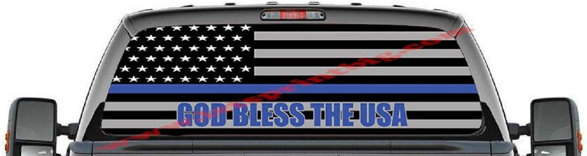 Thin Blue Line American Flag God Bless USA Rear Window Decal Graphic