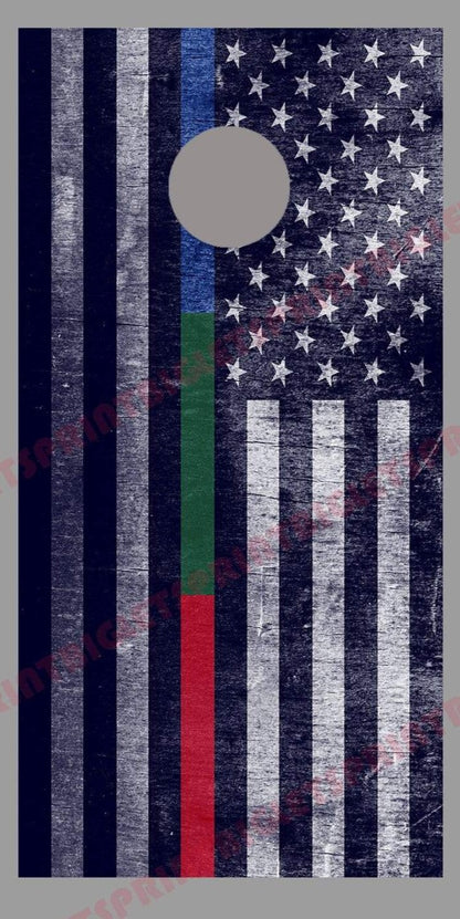 Thin Blue Green Red Line Distressed Flag American Corn hole Decal Wrap