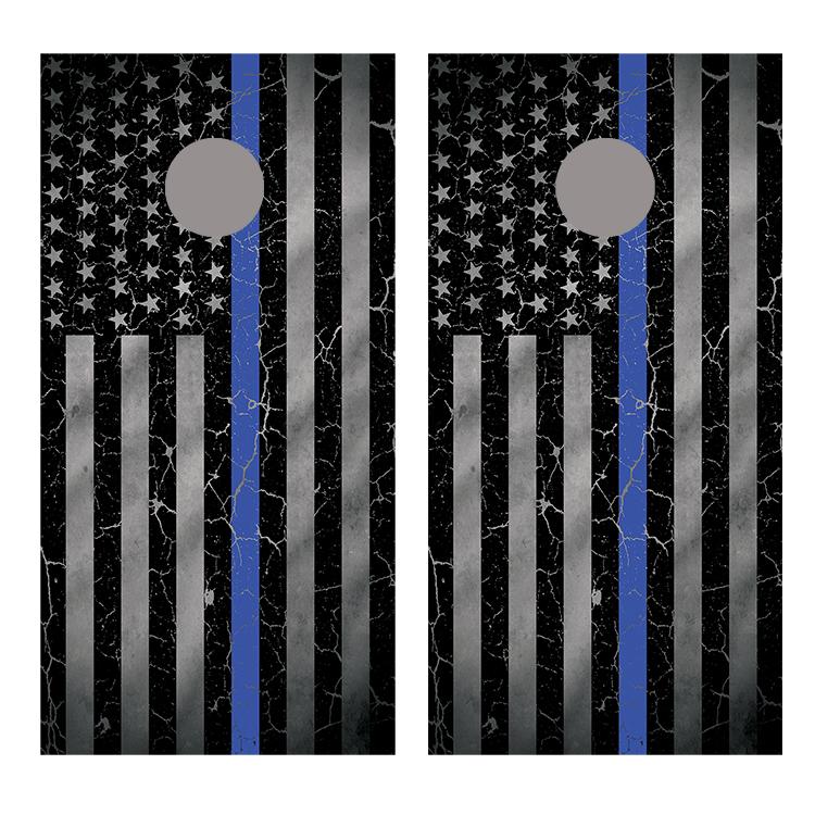 Blue Line Crackle Flipped American Flag Corn Hole Board Decal Wrap
