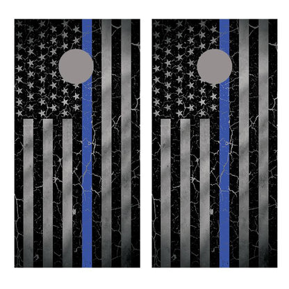 Blue Line Crackle Flipped American Flag Corn Hole Board Decal Wrap