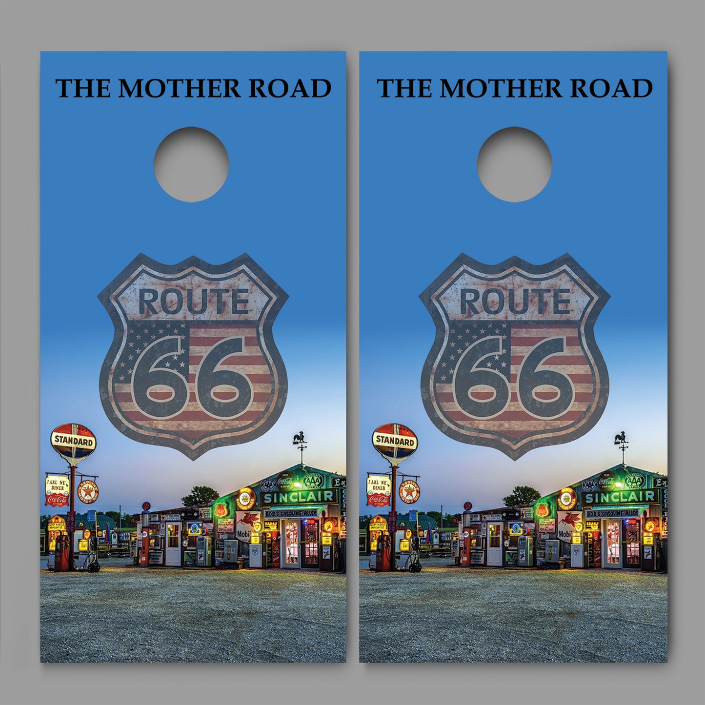 Route 66 Bob's Gasoline Alley Cornhole Board Decal Wraps