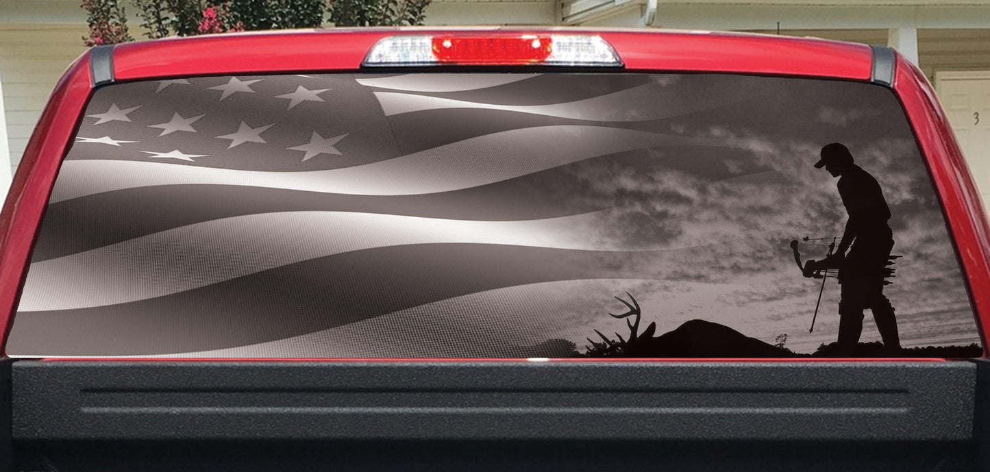 Rear Window Decals Bow Hunter and Flag BW