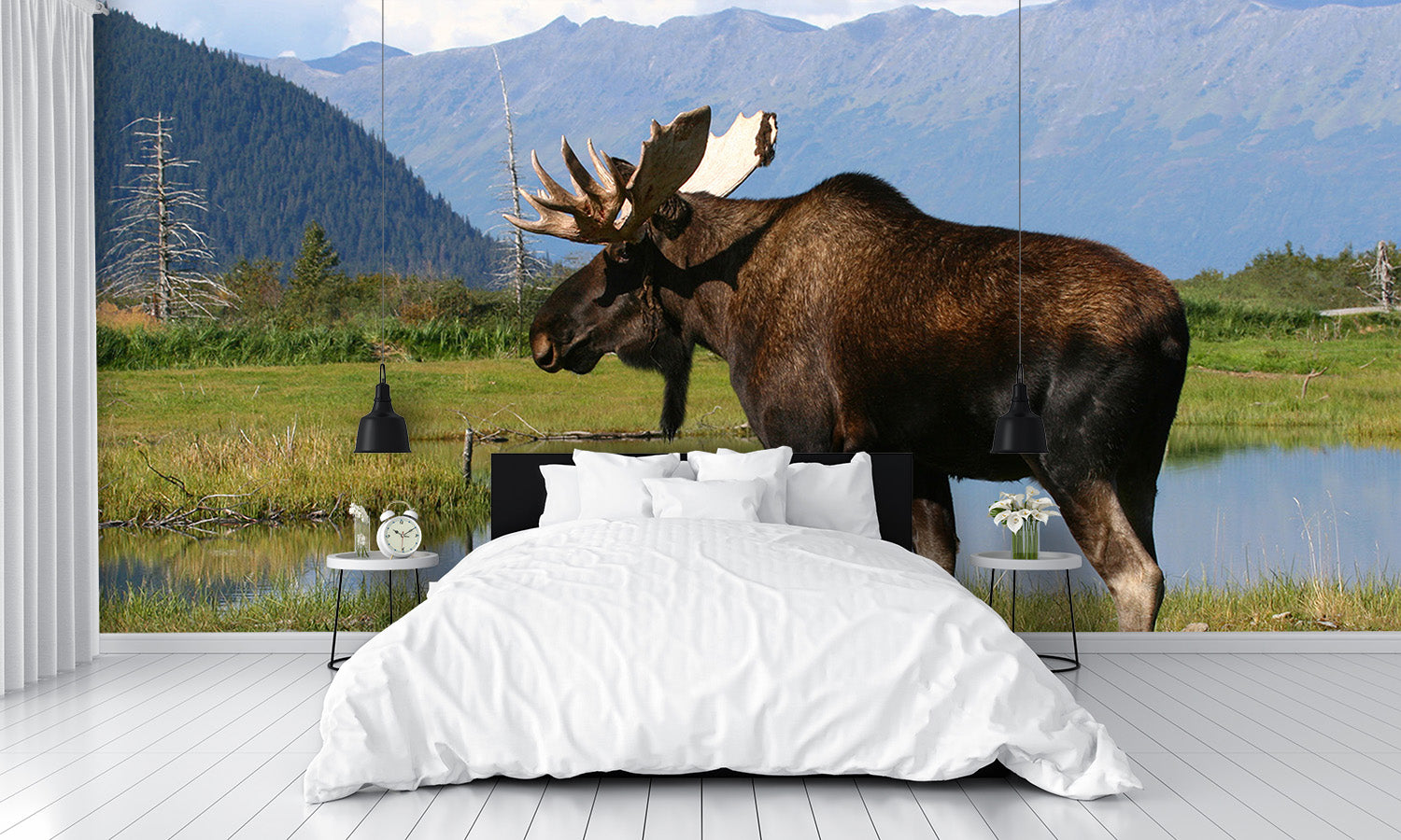 Bull Moose Near Pond Alaska Mountains Wall Mural
