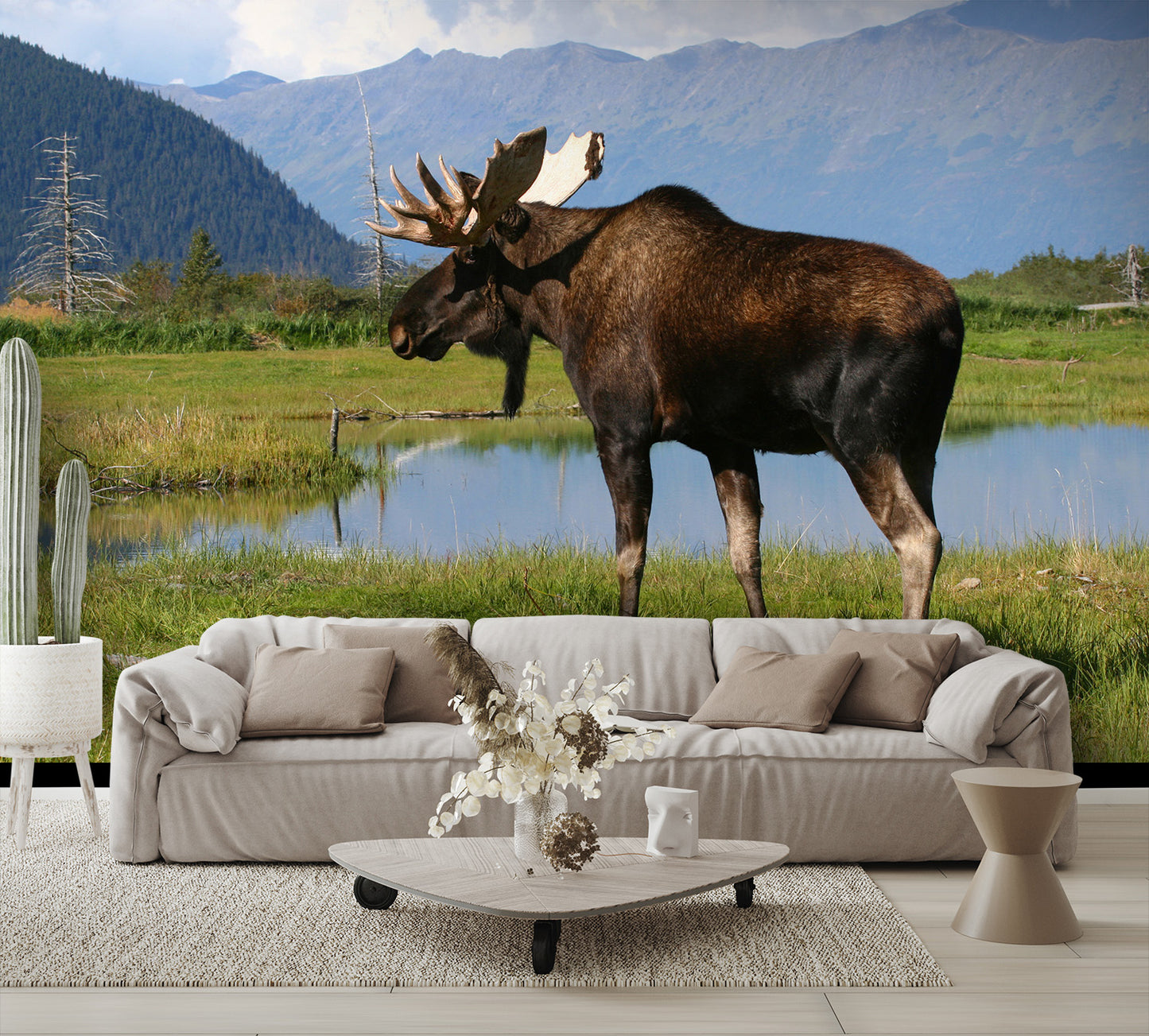 Bull Moose Near Pond Alaska Mountains Wall Mural