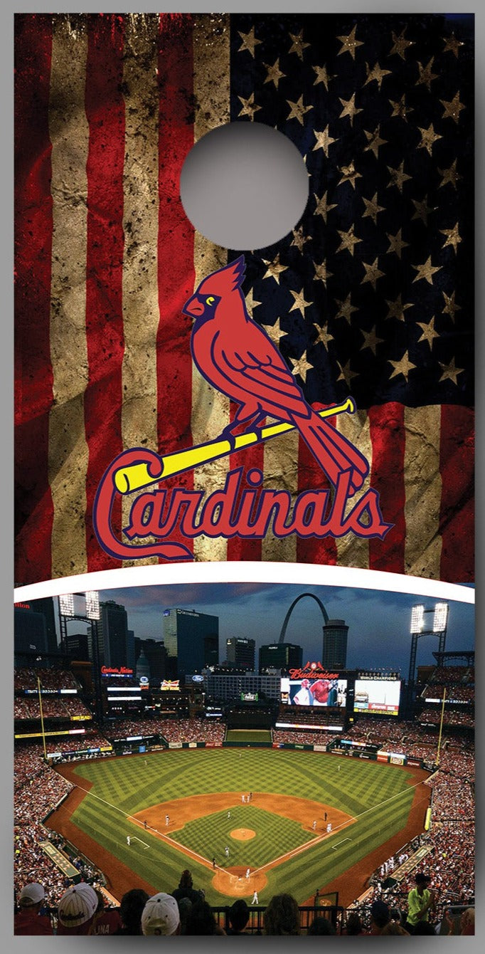 Cardinals Red Bird Yellow Bat Aged Flag White Arc Skyline Ball Field Design Cornhole Board Decal Wraps