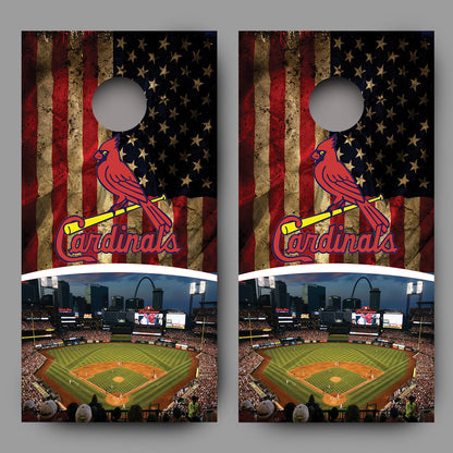 Cardinals Red Bird Yellow Bat Aged Flag White Arc Skyline Ball Field Design Cornhole Board Decal Wraps