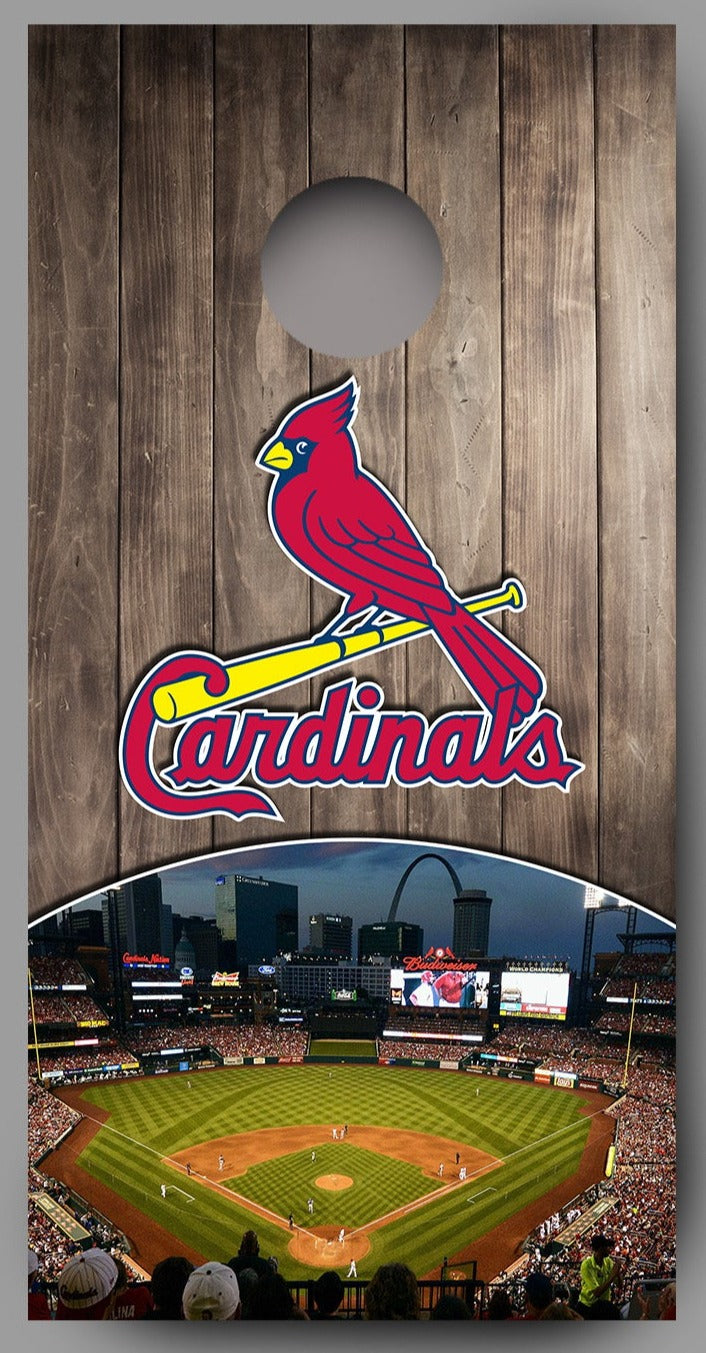 Cardinals Gray Wood Top Yellow Bat Skyline Ball Field Design Cornhole Board Decal Wraps