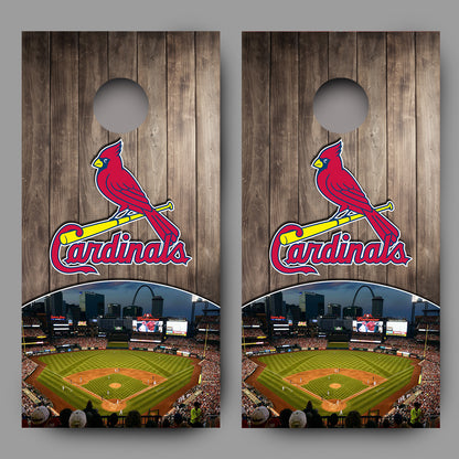 Cardinals Gray Wood Top Yellow Bat Skyline Ball Field Design Cornhole Board Decal Wraps