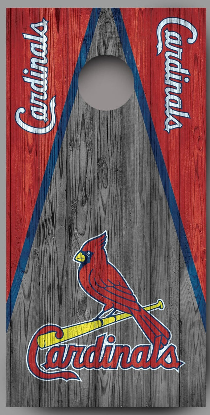 Cardinals Dark Wood Triangle Yellow Bat White Lettering Corn hole Decal Wraps