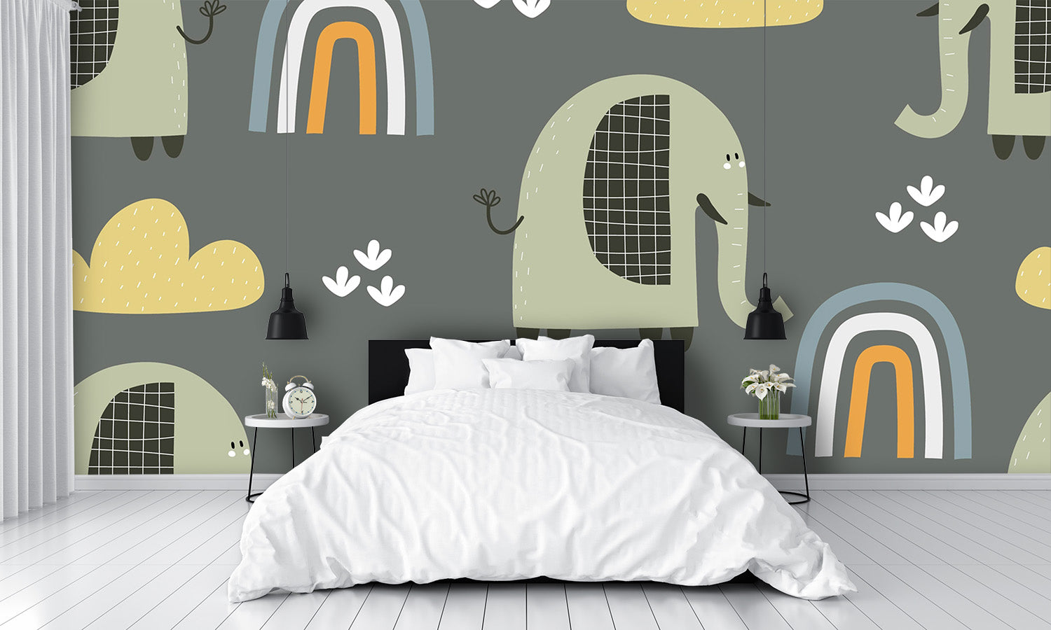 Cartoon Elephants, and Rainbows Wall Mural