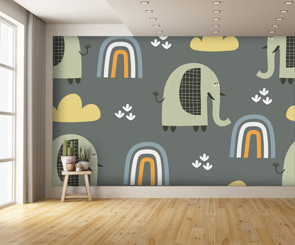 Cartoon Elephants, and Rainbows Wall Mural