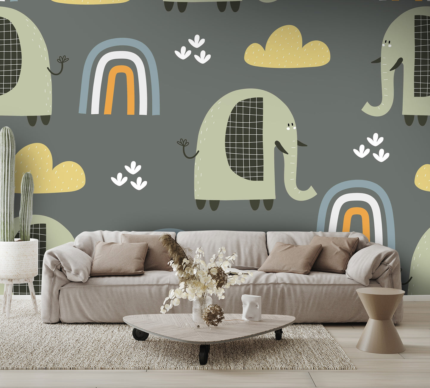 Cartoon Elephants, and Rainbows Wall Mural