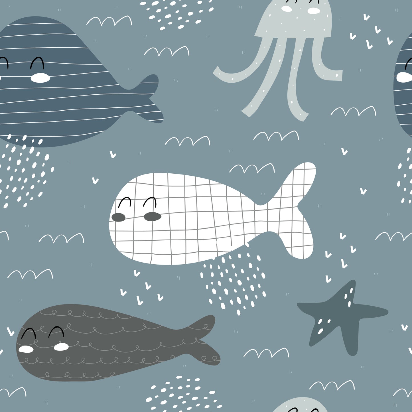 Cartoon Whales, Octopus, and Starfish Wall Mural