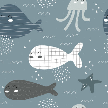 Cartoon Whales, Octopus, and Starfish Wall Mural