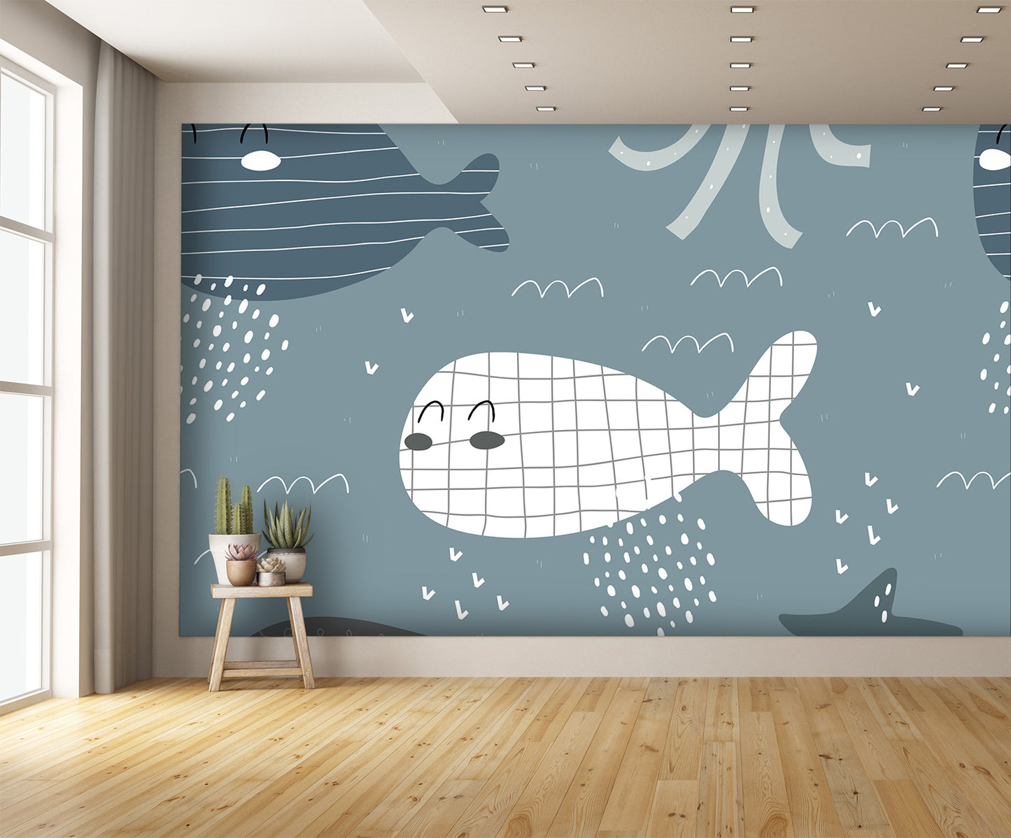 Cartoon Whales, Octopus, and Starfish Wall Mural