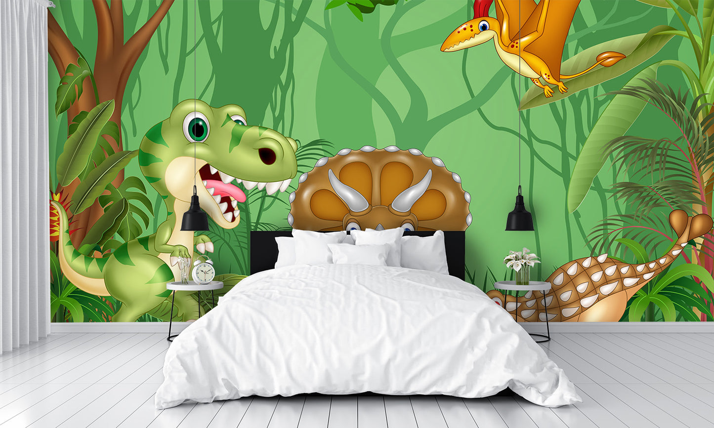 Cartoon Happy Dinosaurs in the Jungle Wall Mural