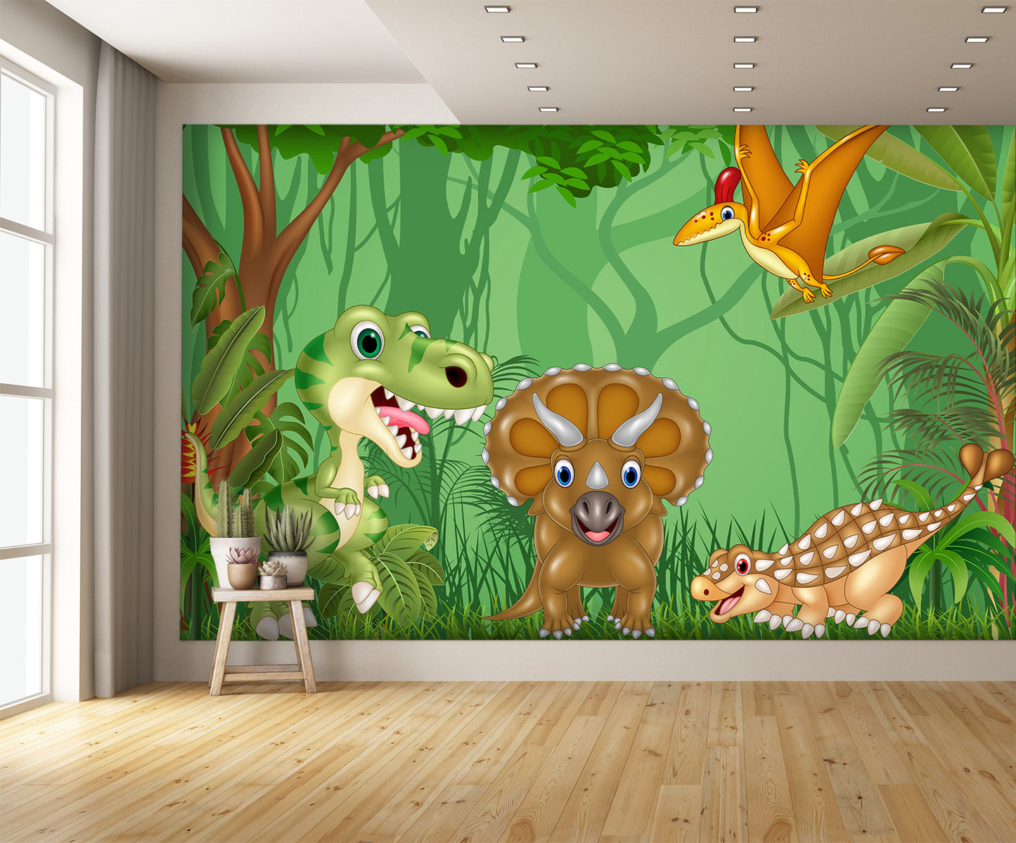 Cartoon Happy Dinosaurs in the Jungle Wall Mural