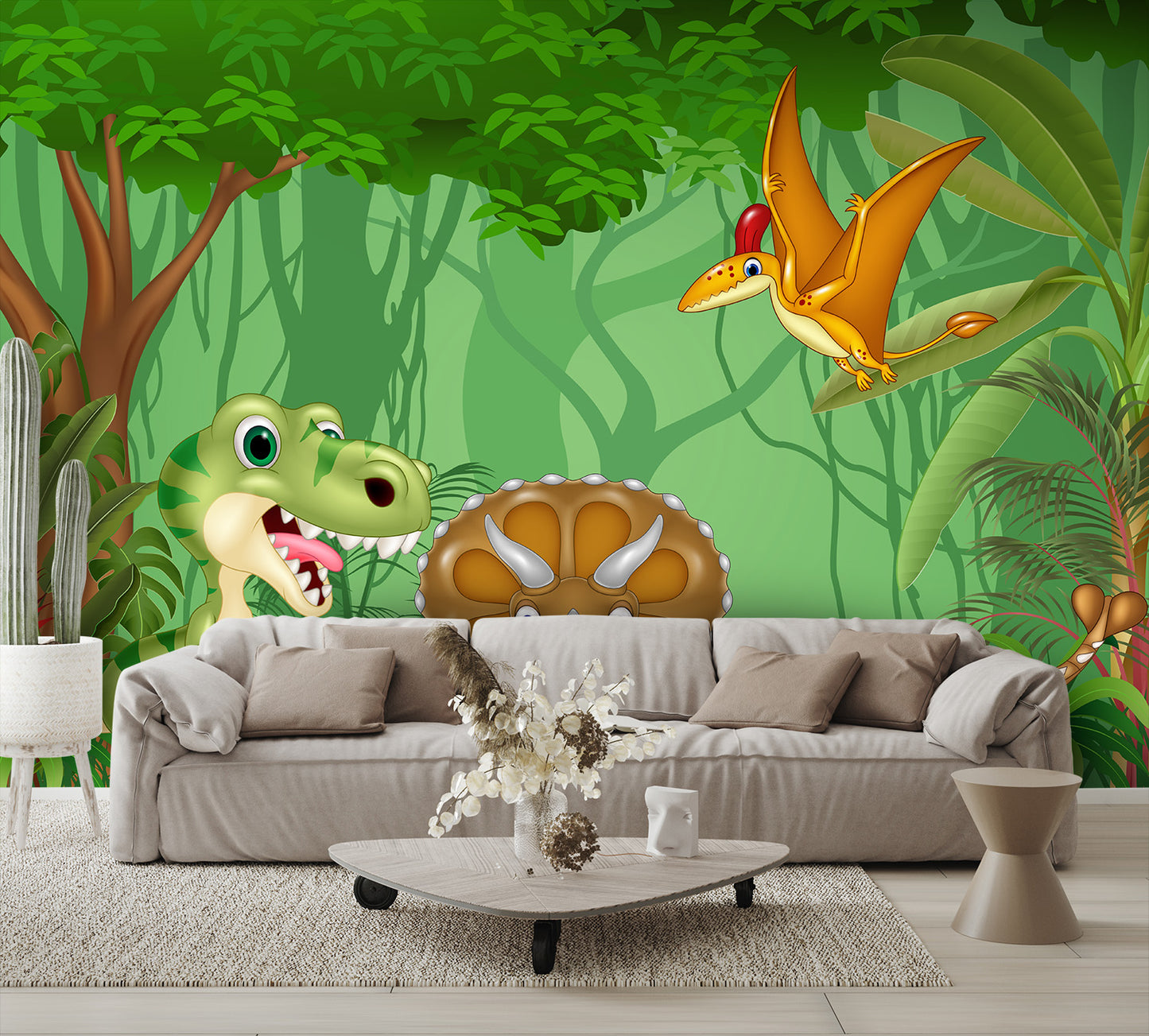 Cartoon Happy Dinosaurs in the Jungle Wall Mural