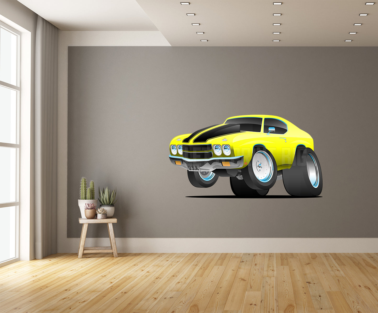 Car Art Chevelle Muscle Car Cartoon Yellow Cartoon Wall Decal