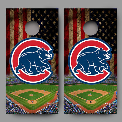 Chicago Cubs Aged Flag Ball Field Design Cornhole Board Decal Wraps