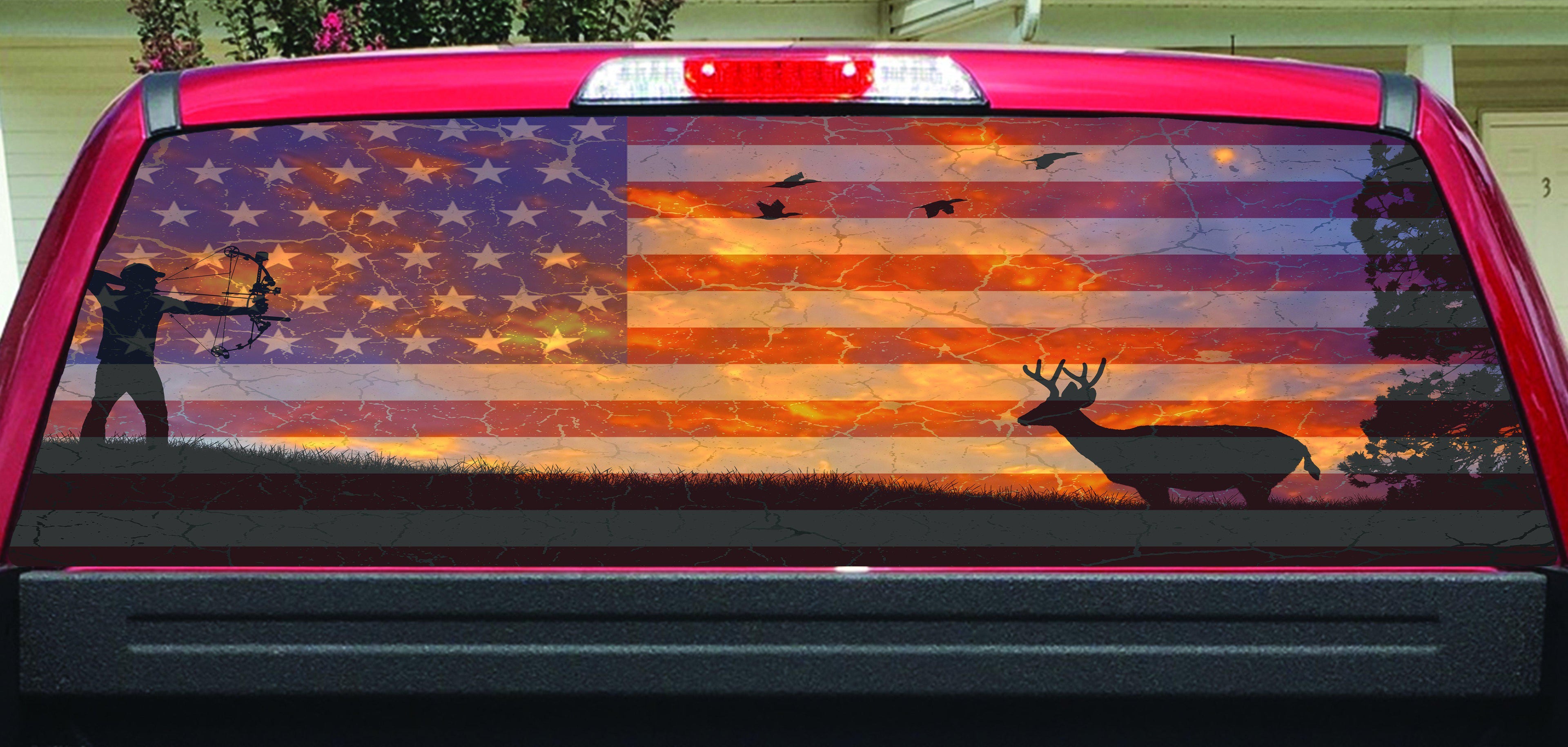American Flag Deer Bow Hunter Color Rear Window Decal