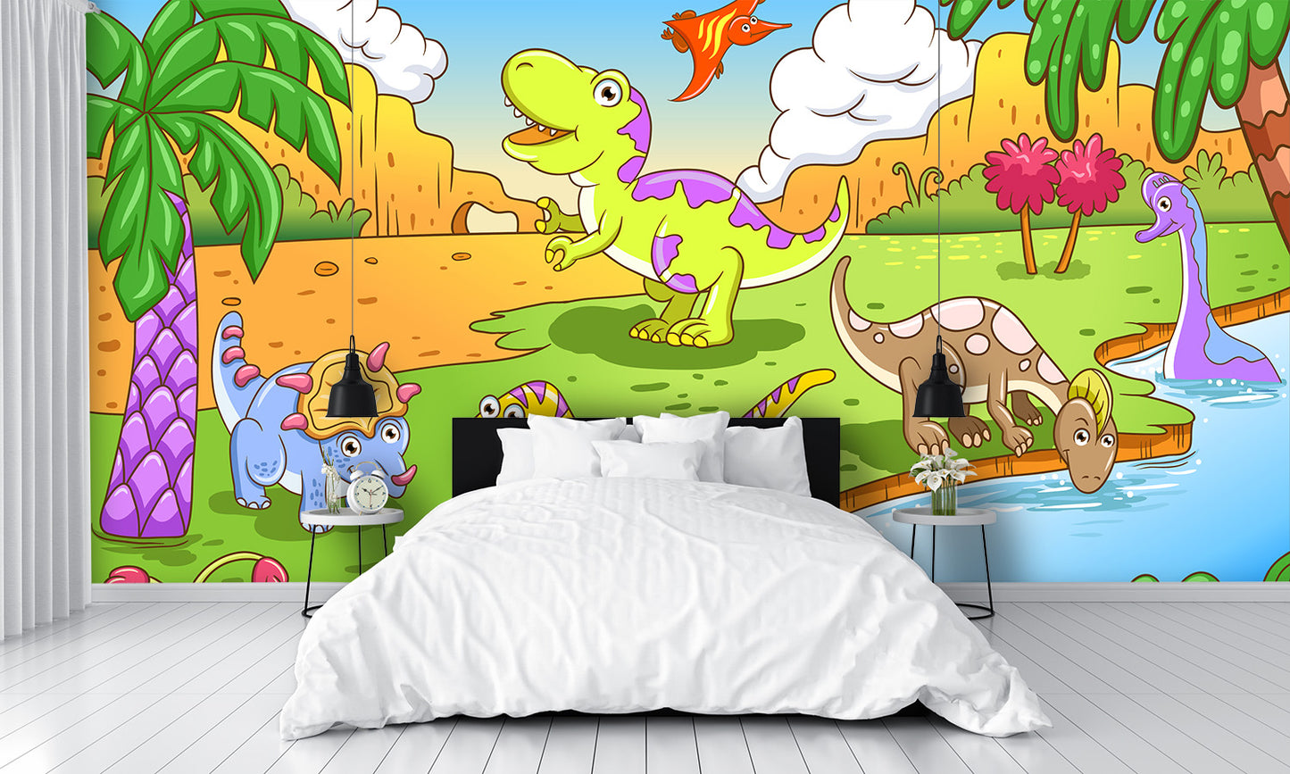 Cute Dinosaurs in Prehistoric Scene Wall Mural