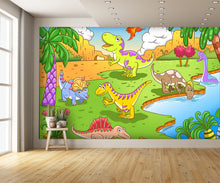 Cute Dinosaurs in Prehistoric Scene Wall Mural