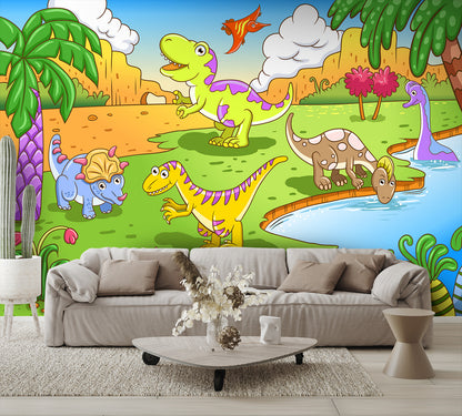 Cute Dinosaurs in Prehistoric Scene Wall Mural