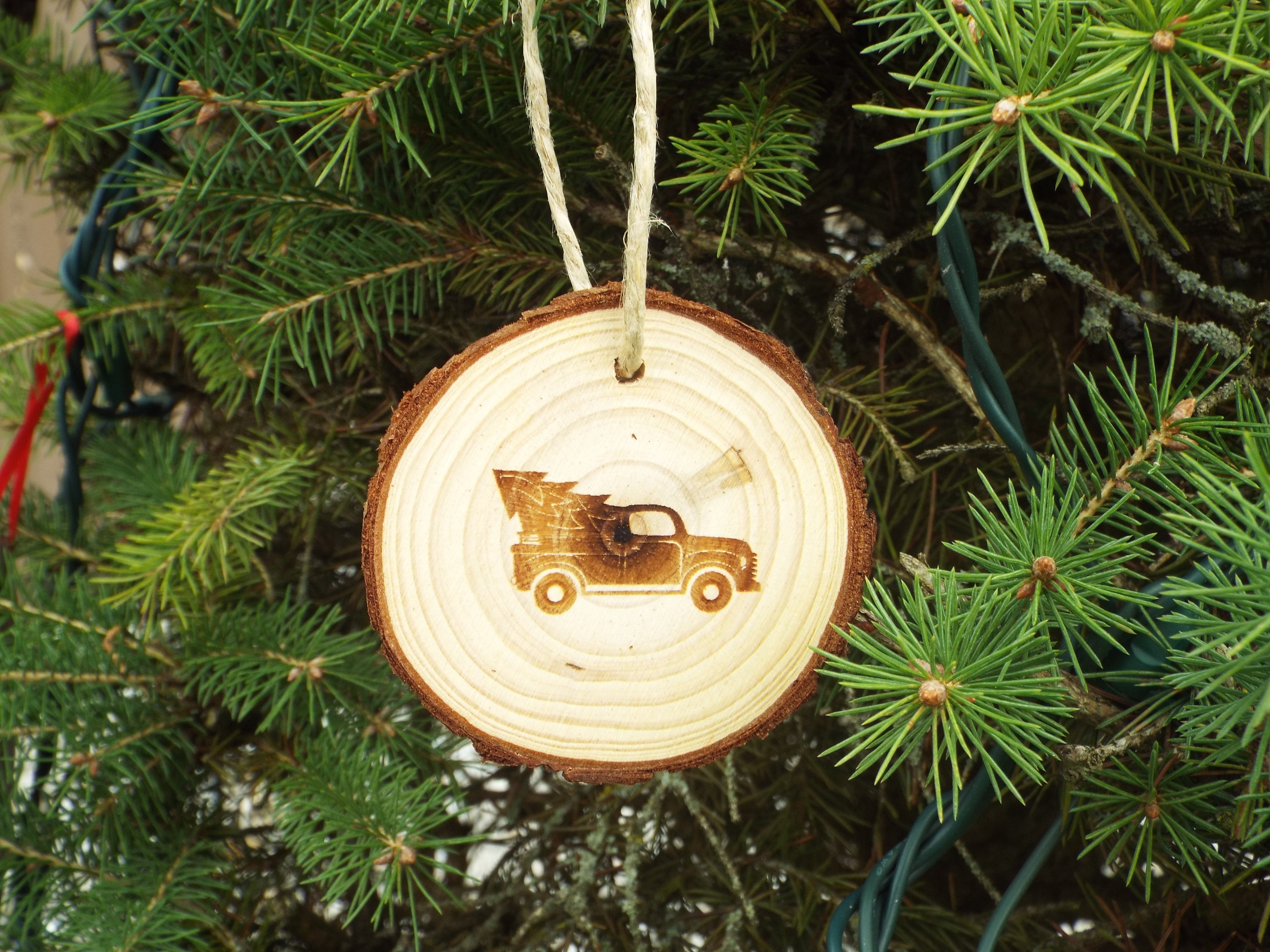 Christmas Ornament Log Cross Section with pickup truck tree
