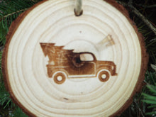 Christmas Ornament Log Cross Section with pickup truck tree