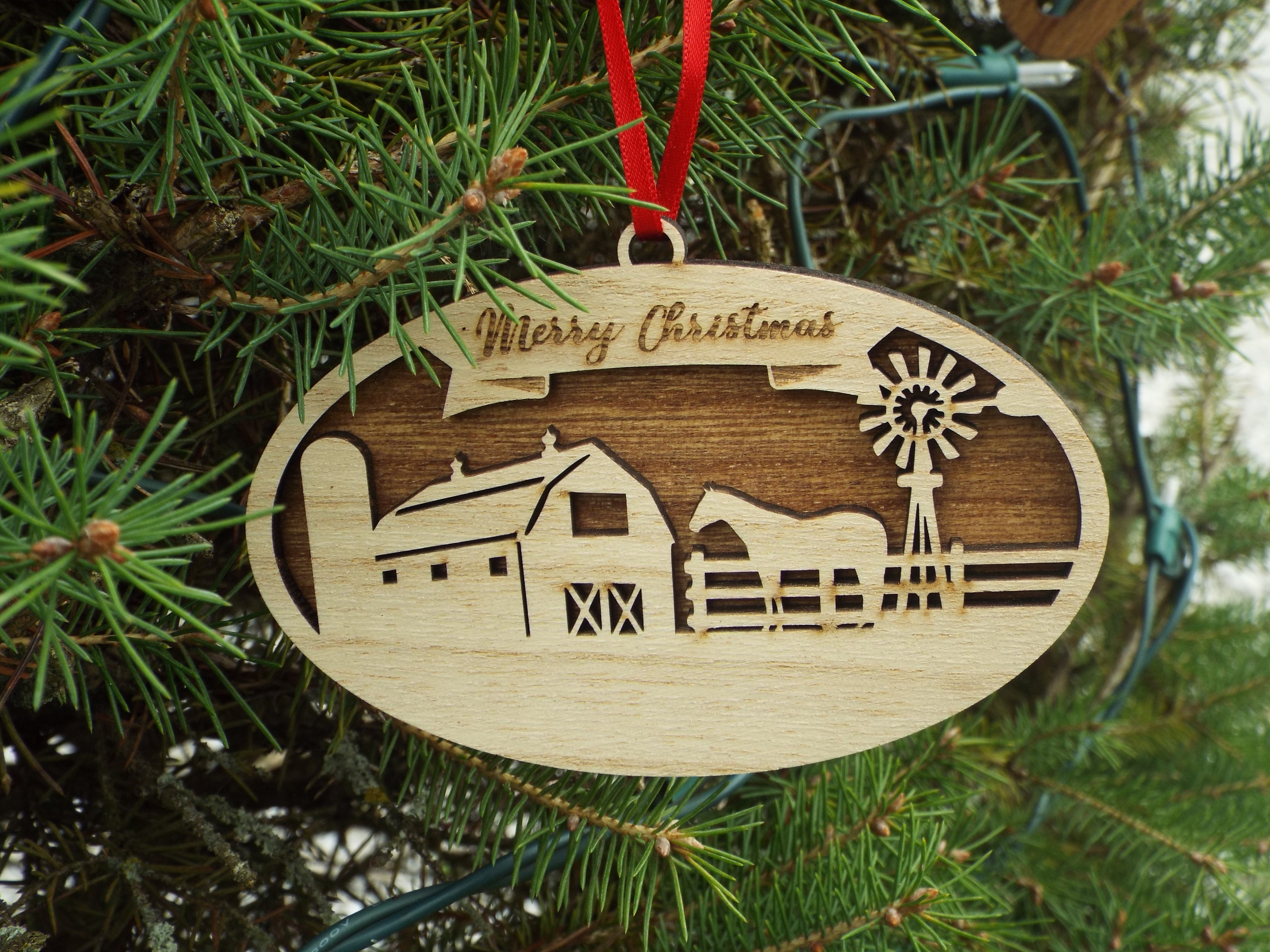Christmas Ornament Merry Christmas horse barn and windmill