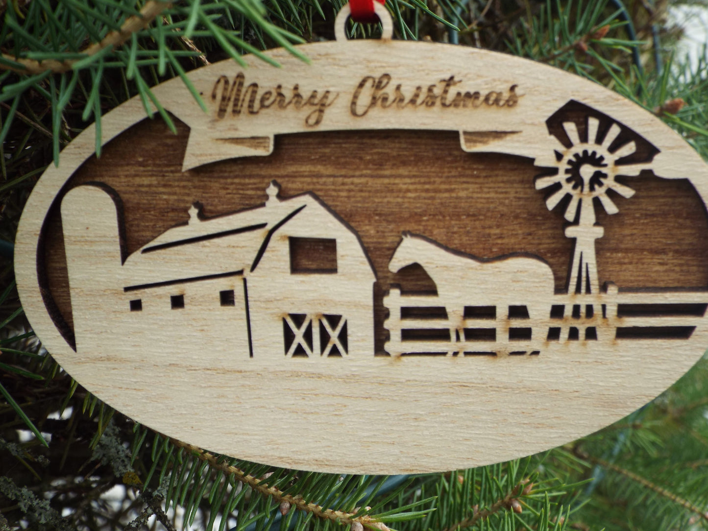 Christmas Ornament Merry Christmas horse barn and windmill