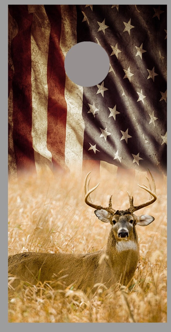 Deer Aged American Waving Flag Corn hole Board Decal Wraps