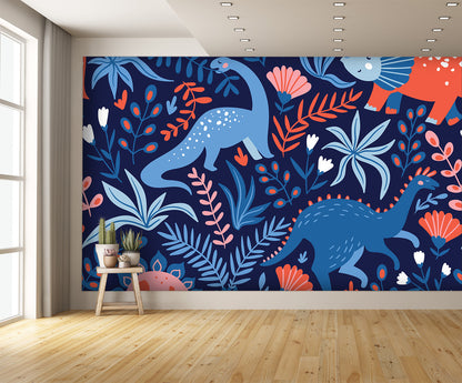 Dinosaurs and Tropical Leaves Wall Mural